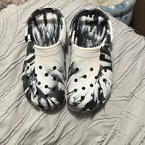 Black and white tie dyed crocs